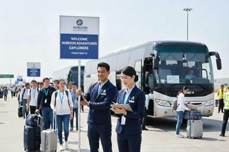 Dong DMC operations team coordinating a group arrival with partner-branded signage, coach bay assignments, and passenger manifest checks
